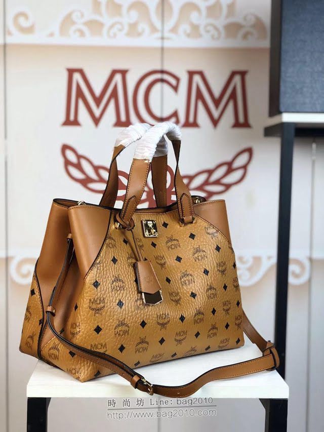 MCM女包 原單 6296 19新款托特包 經典印花接拼色 MCM女單肩包 MCM女手拎包 MCM斜挎女包  mdmc1293